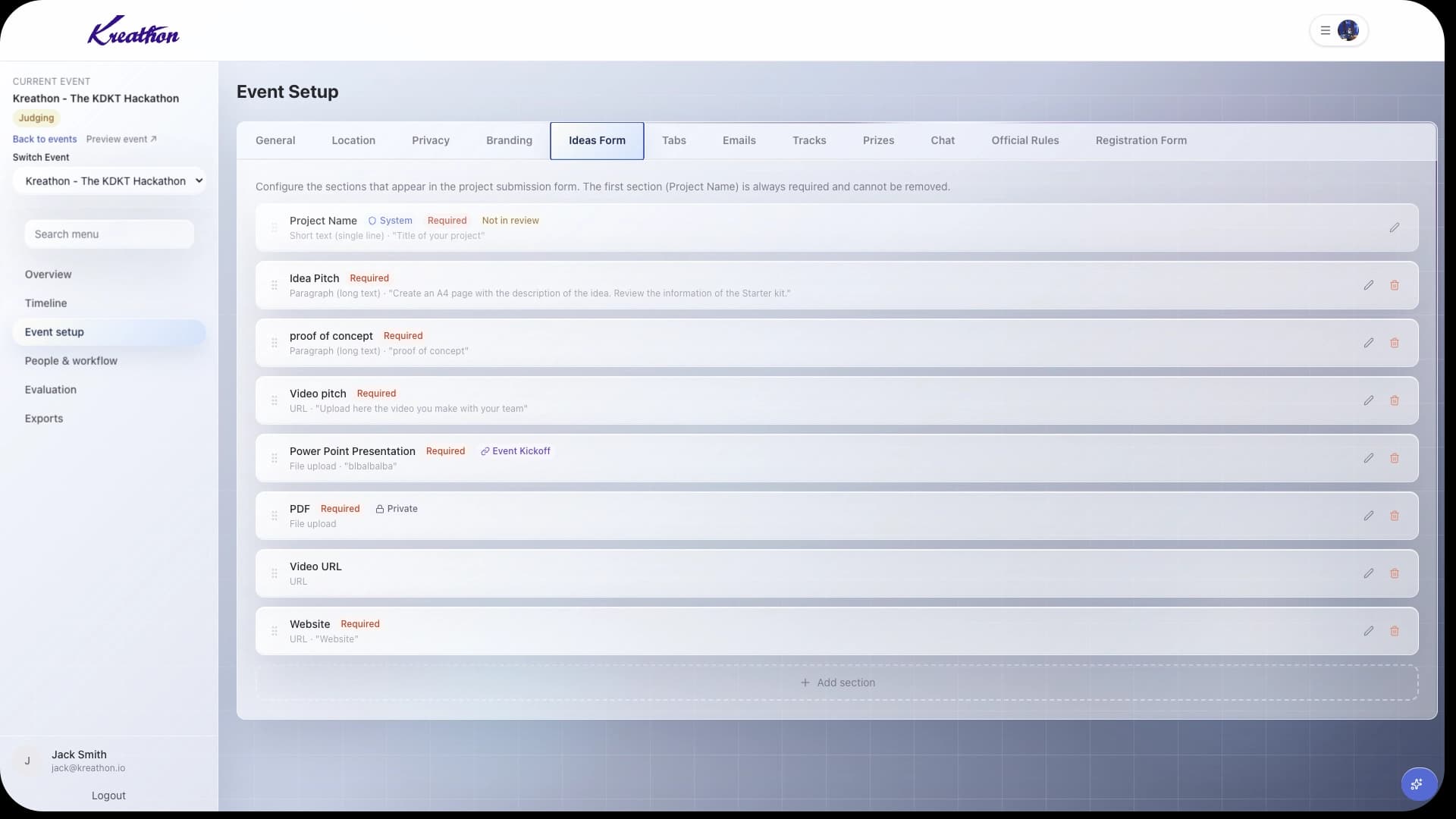 Kreathon event setup ideas form screen