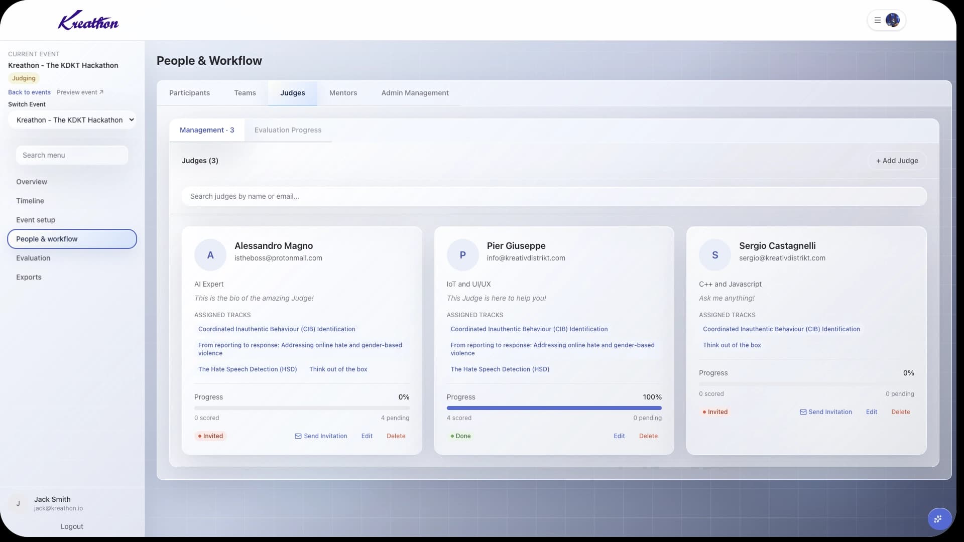 Kreathon people and workflow judges management screen